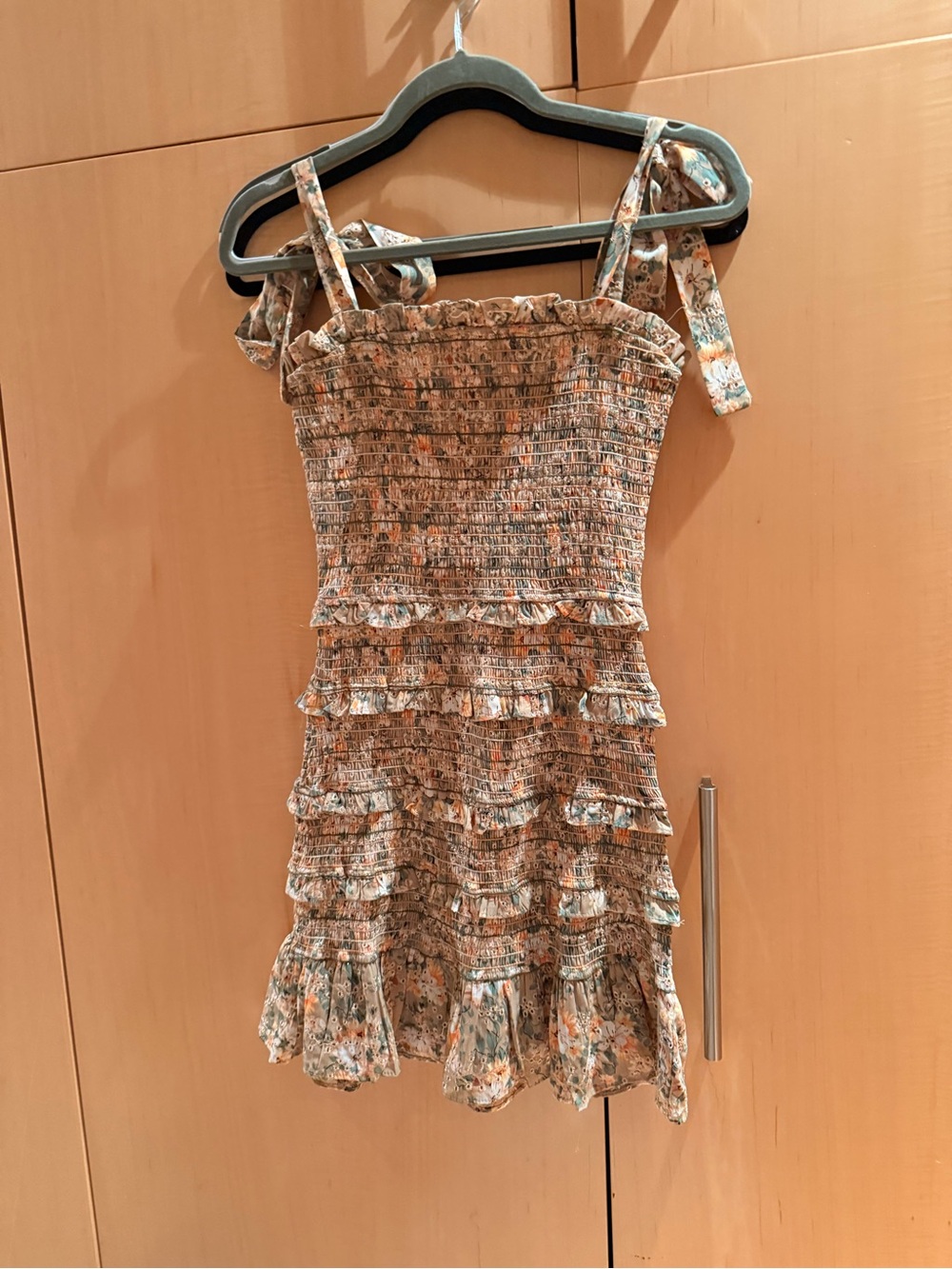 XS Floral Smocked Ruffle Dress - Peach & Green